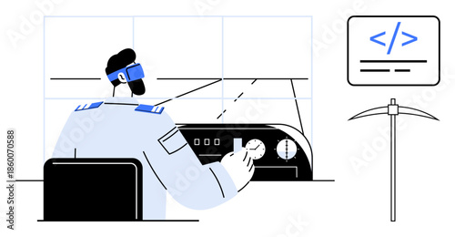 Technology, automation, programming, mining, data analysis, future workforce. Person operating controls wearing gear. Technology and automation concept advanced mining and programming ideas