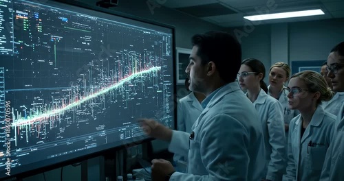 Scientists analyze complex data on a large futuristic screen.