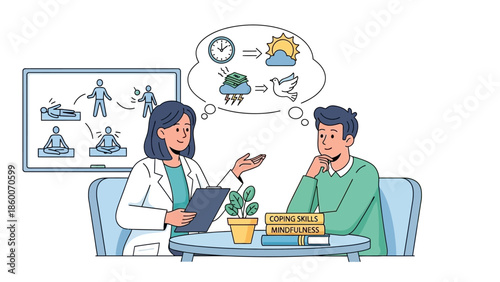 Mental health professional guides a man through therapy, focusing on stress, emotional management, and mindfulness techniques for improved well-being