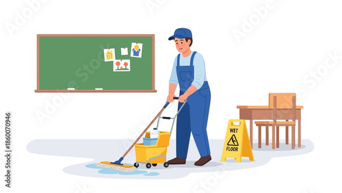 Professional janitor diligently cleaning a classroom floor with a mop and bucket, ensuring a hygienic and safe environment for students and staff. Essential maintenance
