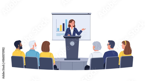 Professional woman delivers engaging business presentation to a diverse audience at a corporate seminar, illustrating effective public speaking and leadership skills