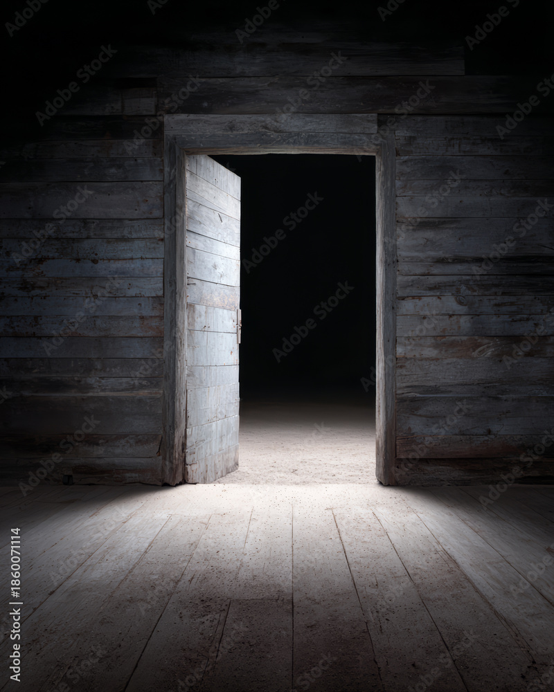 Obraz premium Wooden door stands open in dimly lit room with wooden walls and floor creating a mysterious atmosphere