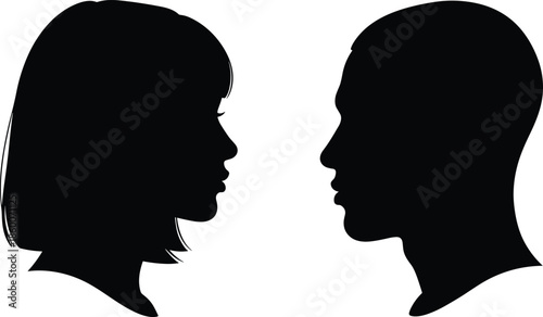 Facing silhouettes, human profiles, black figures, contrast art, minimal design, visual perception, symmetry co