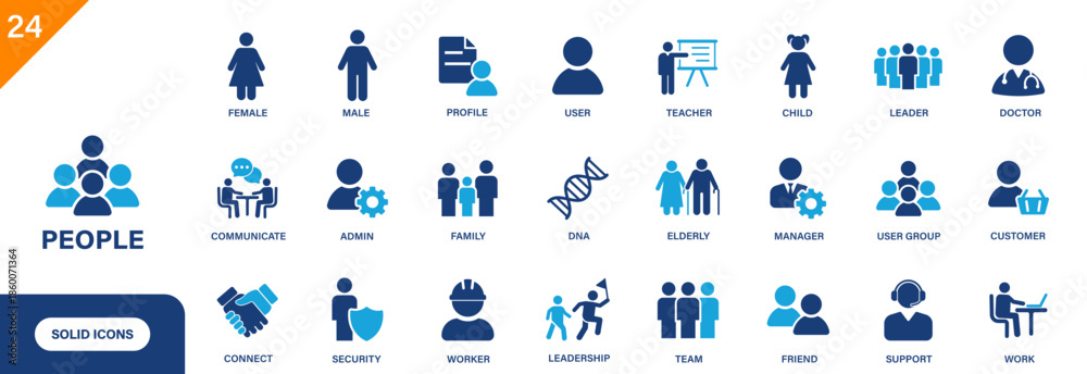 Naklejka premium People icon. Includes family, customer, male, female, worker, user. Solid vector icon set.