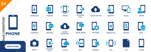 Phone icon. Includes social media, outgoing, cloud, charging, device. Solid vector icon set.