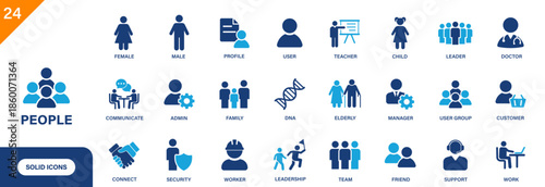 People icon. Includes family, customer, male, female, worker, user. Solid vector icon set.