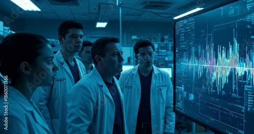 Scientists collaborate in a modern laboratory analyzing complex data on a large screen.