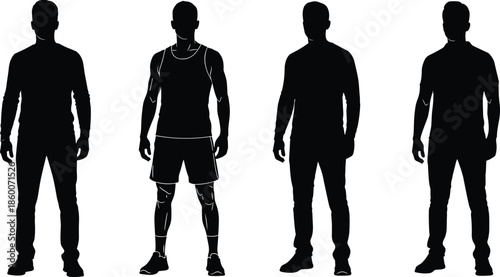 Male silhouettes, athletic figure, body comparison, fitness pose, casual stance, black design, vector illustration, anatomy concept