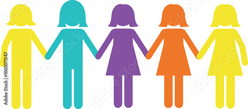 Colorful paper chain style icons of women holding hands, representing female empowerment, sisterhood, diversity, inclusion, and global community.