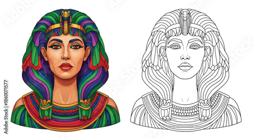 Regal Egyptian Queen Bust Illustration With Color and Black and White Versions