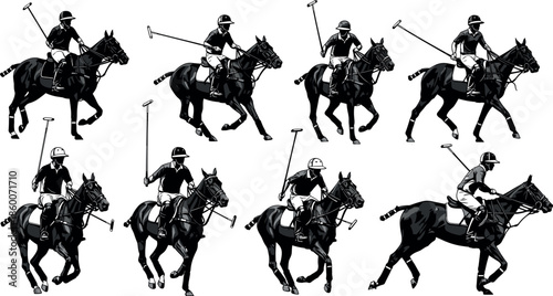 Detailed silhouette set of equestrian polo players riding horses, swinging mallets, and competing in a professional sports match.