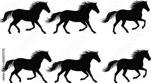 Running horse silhouettes, black figures, motion phases, animal gait, dynamic posture, vector design, equine movement, minimal style