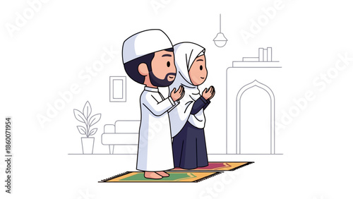 Religious Couple Praying and Reading Holy Quran at Home