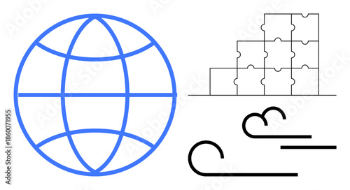 Global connectivity concept. A globe network, puzzle pieces, and flowing air lines global cooperation, problem-solving, and interconnected systems. Use for communication, networking, problem-solving