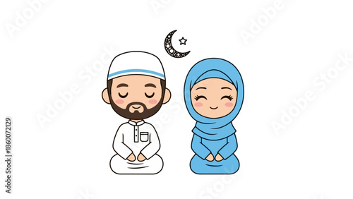 Peaceful Muslim Couple in Traditional Clothing Meditating and Praying Together