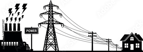 Power plant generating electricity through transmission lines and high voltage towers to provide energy for a residential suburban house