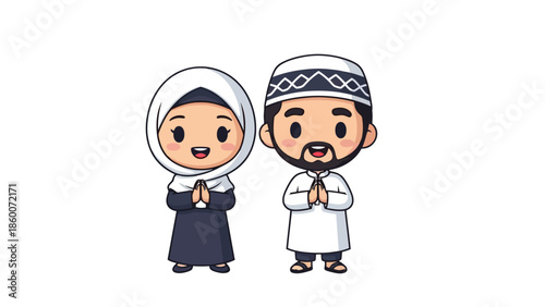 Cute Muslim Couple Greeting Cartoon Style