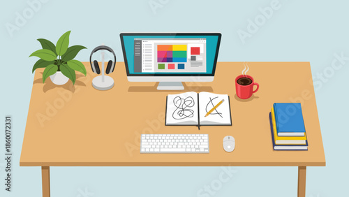 A modern office desk setup with a computer, notebooks, and office supplies in a professional workspace