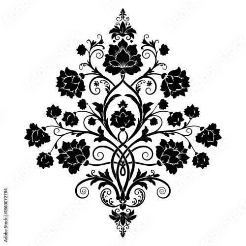 An intricate black floral pattern on a white background featuring vines and flowers
