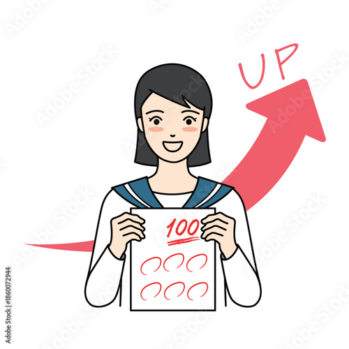 Smiling schoolgirl showing a test paper with perfect score