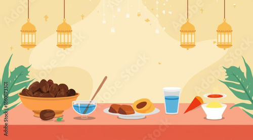 Ramadan Iftar Table Flat Vector Illustration