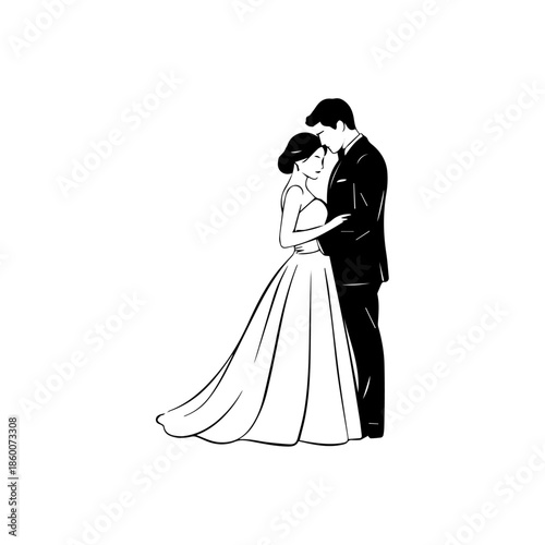 Couple embracing tenderly in a romantic wedding illustration