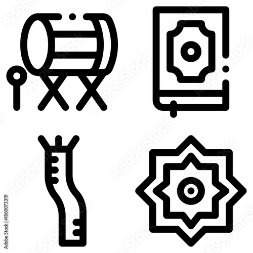 Set Of Travel And Fitness Icons Featuring Drum, Passport, Leg, And Star Badge For Design Projects