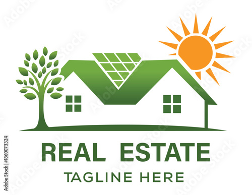 Eco-friendly real estate logo featuring a house with solar panels a green tree and a bright sun for sustainable housing and green energy branding