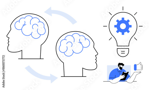 Innovation, teamwork, knowledge exchange, problem-solving, decision-making, creative thinking. Two brains connected by arrows, lightbulb with a gear person using a device. Innovation and teamwork