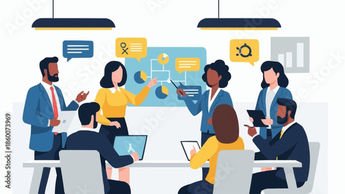 Diverse business team collaborating in a modern office meeting room.