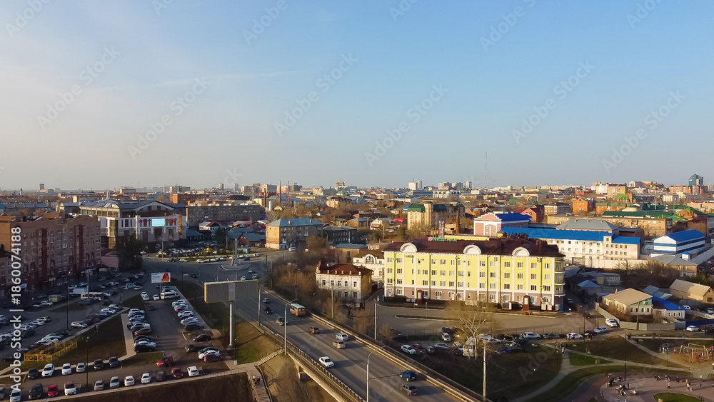 Fototapeta premium A drone view of Orenburg at sunset