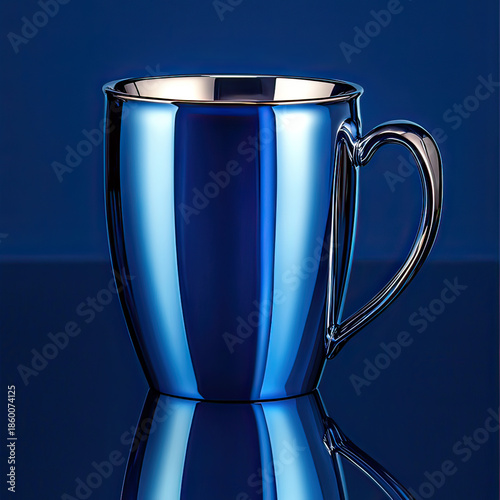 Luxury sapphire chrome metallic coffee cup with high gloss mirror finish on transparent background