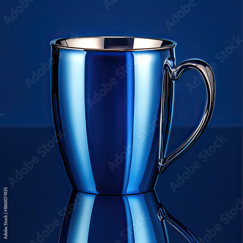 Luxury sapphire chrome metallic coffee cup with high gloss mirror finish on transparent background