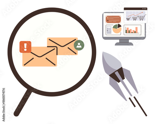 Magnifying glass over emails with alert and contact icon, analytics on monitor, and rocket launch. Ideal for communication, analysis, marketing, innovation, growth, business and technology themes