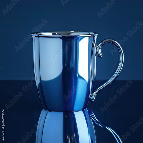 Luxury sapphire chrome metallic coffee cup with high gloss mirror finish on transparent background