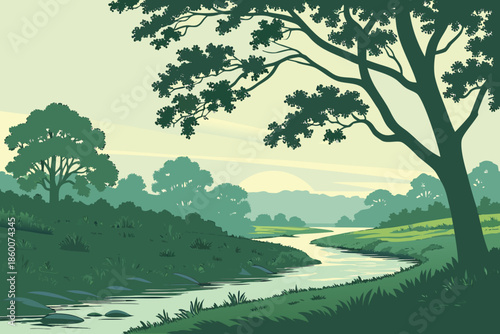 A vibrant cartoon illustration of a green summer landscape featuring a lush forest with tall trees under a blue sky with fluffy white clouds over rolling hills and a grassy meadow field