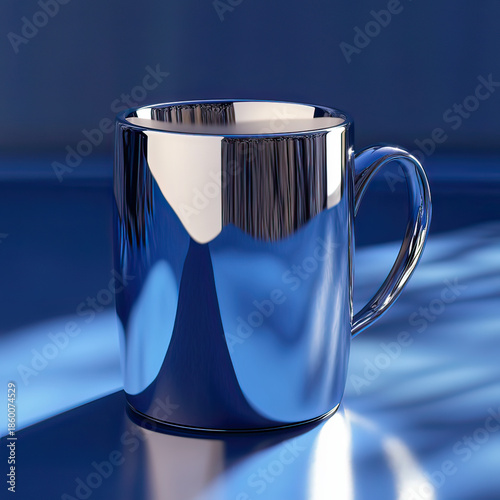 Luxury sapphire chrome metallic coffee cup with high gloss mirror finish on transparent background