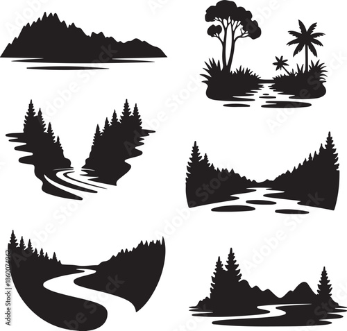 black silhouettes of various landscapes with trees and water  natural scenery
