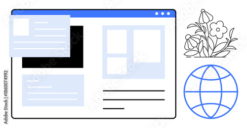 Web development, global communication, online presence, digital design trends, user interface, eco-friendly concepts. Structured website layout with flowers and a globe icon. Web development