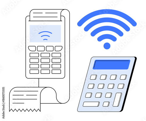Digital payments, financial calculations, online transactions, fintech, wireless connectivity, business tools. Payment terminal with receipt, wireless signal calculator. Digital payments