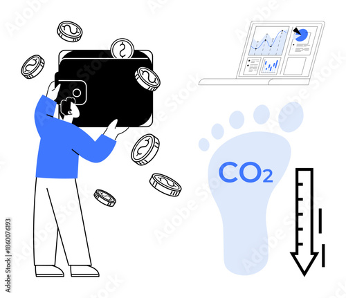 Sustainable finance, green technology, carbon footprint tracking, economic growth, renewable policies, environmental awareness. Person with wallet and falling coins, CO2 footprint, and data chart