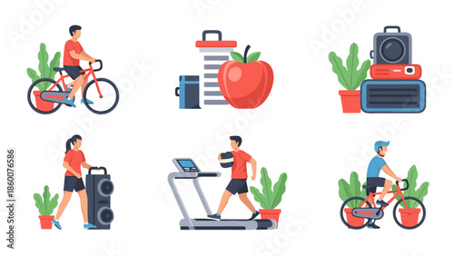Vibrant illustrations depicting active lifestyle, healthy habits, and modern leisure pursuits
