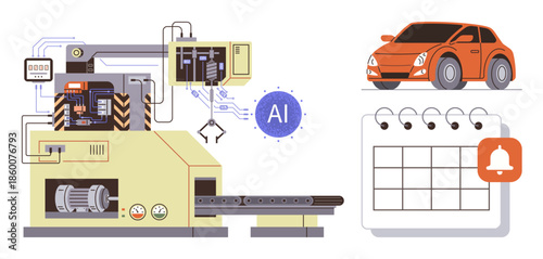 Advanced manufacturing machine with AI integration, conveyor belt, red car, and calendar with reminder icon. Ideal for automation, AI, industry, production, scheduling organization innovation
