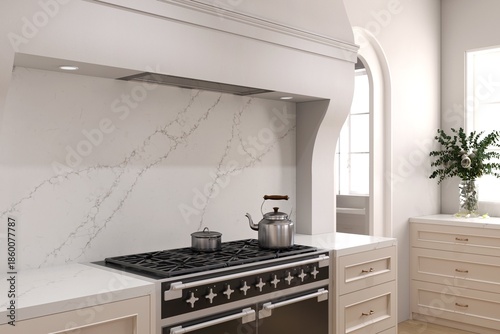 Принти на полотні Minimalist kitchen design with quartz worktop with full height backsplash, matte cabinets, and subtle plant decor, in-built cooktop