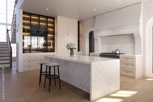 Obraz na plátne Modern kitchen with white quartz countertop center island, pendant lights, and sleek cabinetry creating a cozy cooking space, glass cabinet