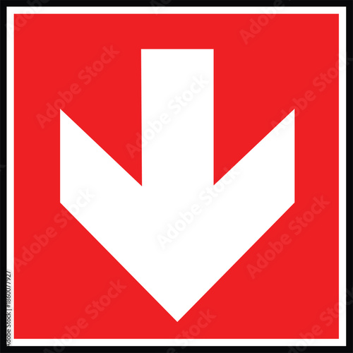 Red square direction sign with white arrow pointing down, navigation or instruction floor marker vector