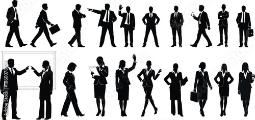 Silhouettes of business professionals in various poses and actions