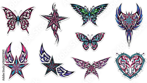 Dynamic assortment of vibrant vector illustrations including decorative butterflies, celestial stars, and abstract winged designs with intricate detailing