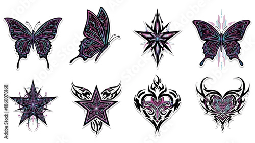 collection of abstract butterfly and star shapes in vibrant purple and teal colors