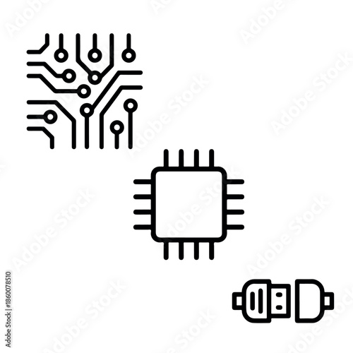 Black & white vector icon set, circuit board, chip, connector, minimal, text-free